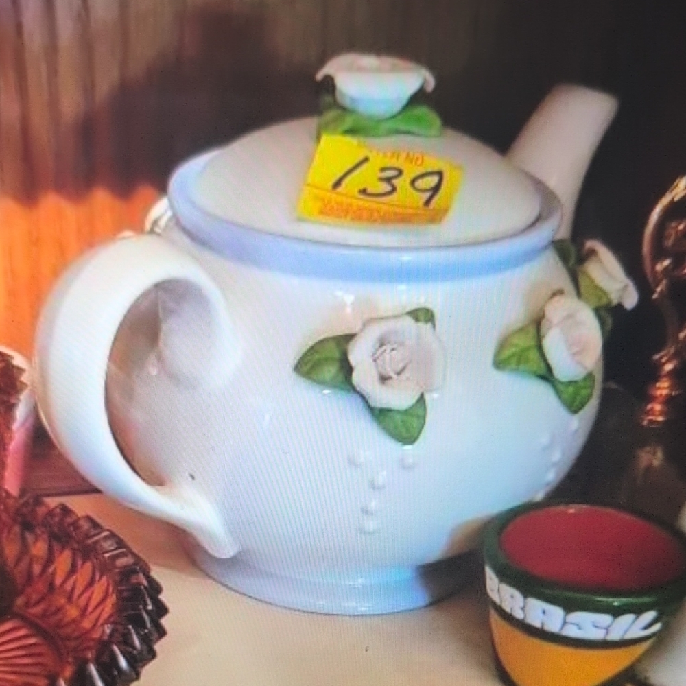 Floral White Teapot with Green Accents
